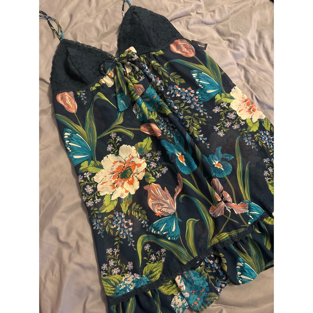 NEW Ambrielle Dark Green Floral‎ Print Babydoll Chemise Lingerie, Medium - Picture 2 of 5